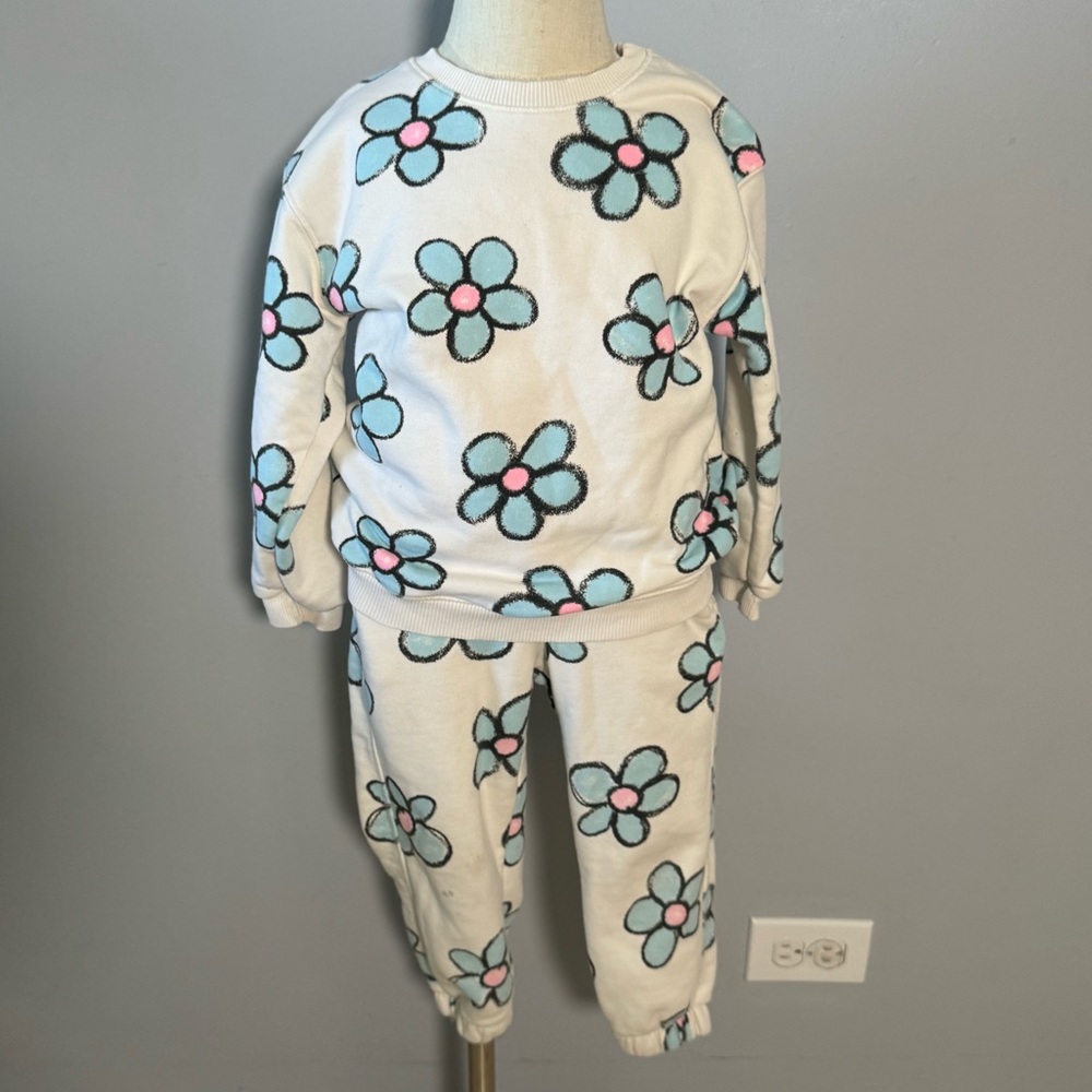 Zara Kids Floral Set - Cream and Blue